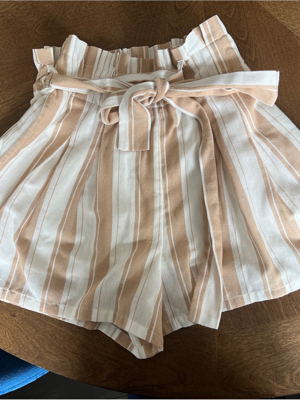 Alya Beige and White Striped High-Waist Paperbag Shorts